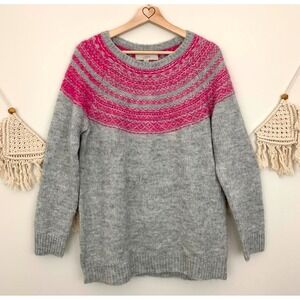 Loft Womens Grey Pink Fair Isle Mohair Wool Blend Crew Neck Sweater Small